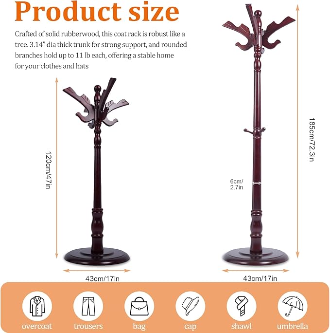 73”Vintage Wooden Coat Rack，With 14 Hooks and Sturdy Round Base.Sturdy and Durable Standing Coat Racks，Adjustable Wooden Freestanding Coat Rack for Porch，Bedrooms (Mahogany) (Flying Swallow, 1 PCS)