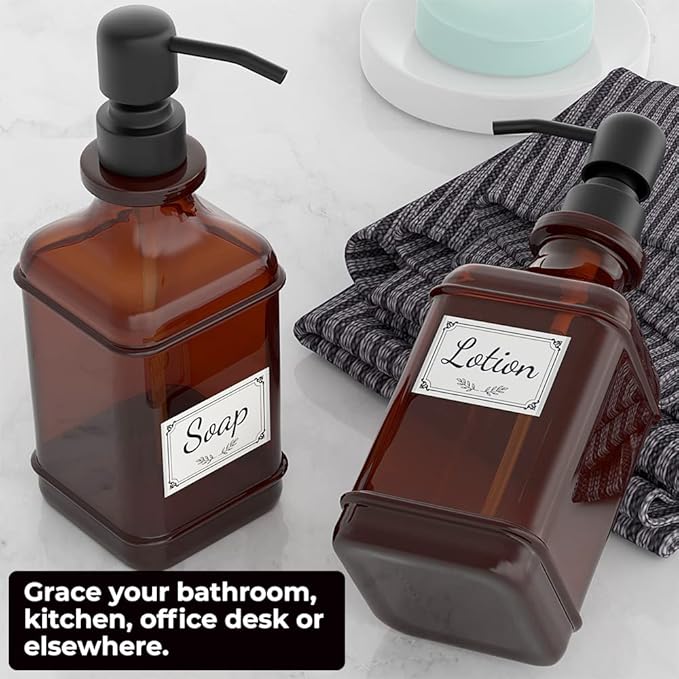 GLADPURE Soap Dispenser 2 Pack, Hand Soap Dispensers with 18 Oz Antique Design Thick Amber Glass Bottle, 316 Rust Proof Stainless Steel Black Pump, 6Pcs Stickers, for Lotion, Soap, Essential Oil
