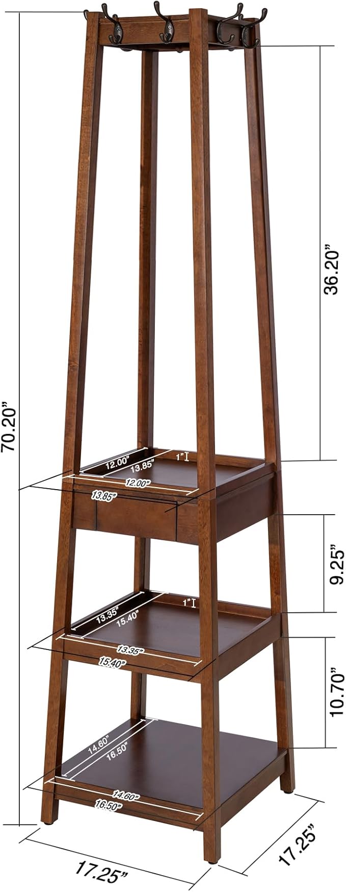 eHemco Wooden Coat Rack Stand with 8 Hooks, 3 Storage Shelves and Drawer, Heavy Duty Hall Tree, 70.20 Inches Height, Coffee