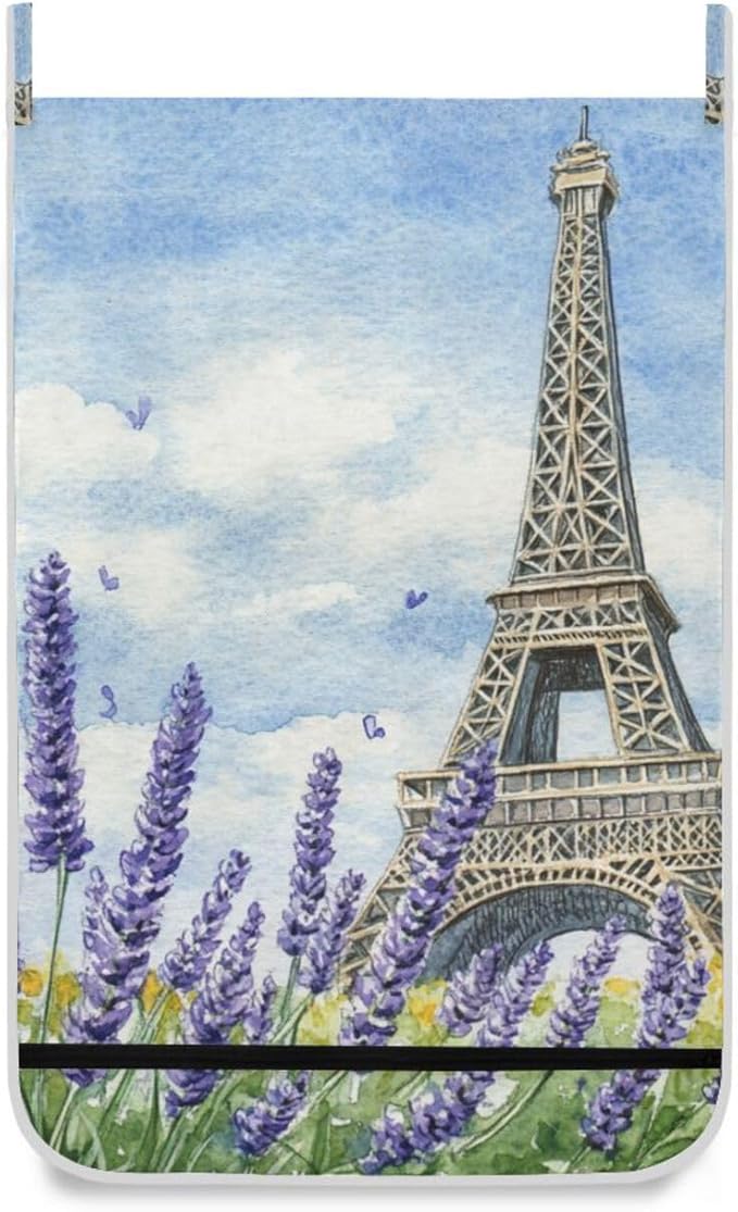 Hanging Laundry Hamper with Stainless Steel Hooks,Oxford Fabric Printing Door Laundry Clothes Bag, 29.5X20inch 1PCS Lavender Eiffel Tower Watercolour Blue