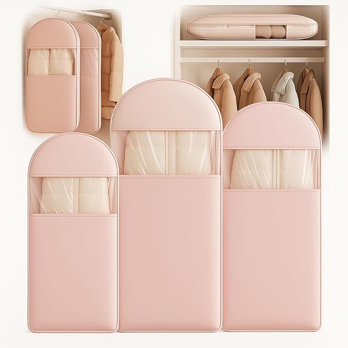 Space Saving Hanging Garment Bag with Self Compression Zipper, Suit Cover Bags, Heavy Duty Jackets & Parkas Storage, Dust Cover, Closet Organizer for Storage (Pink,3PCS(M+L+XL))