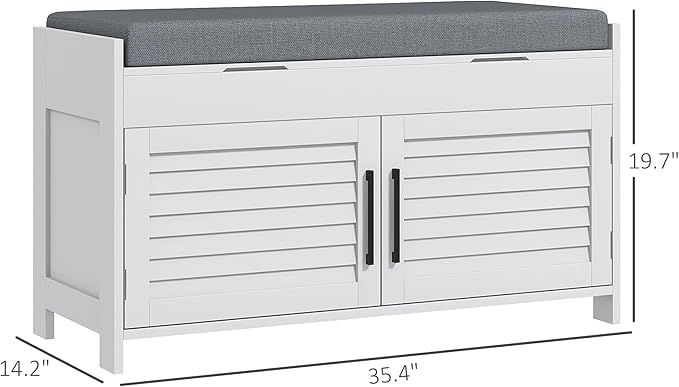 HOMCOM Entryway Bench with Shoe Storage, Cushion, Hidden Compartments, Adjustable Shelves and Shutter Doors, 35.4" Organizer for Entryway, Hallway, Holds Up to 352 lbs., White