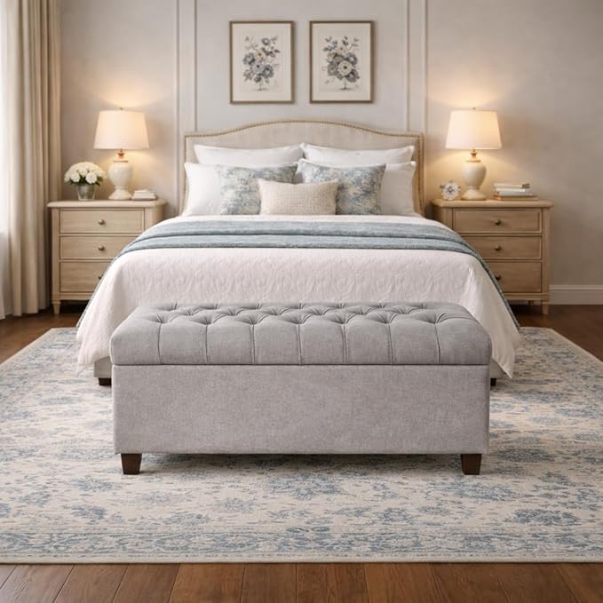 Homepop Home Decor | Tufted Ainsley Button Storage Ottoman Bench with Hinged Lid | Ottoman Bench with Storage for Living Room & Bedroom, Grey