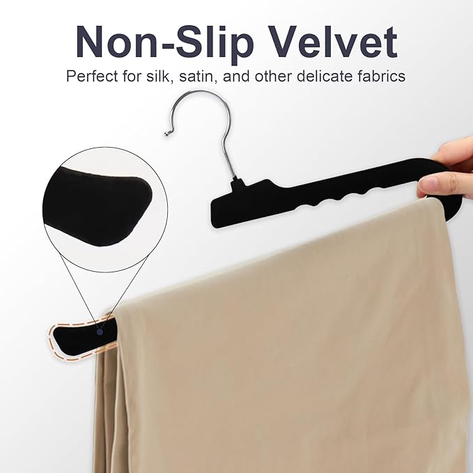 Velvet Pants Hangers - 32 Pack Black Non Slip Open Ended Hanger with 360 Swivel Hook - Closet Space Saving Hanger for Heavy Pants, Jeans, Trousers, Scarf