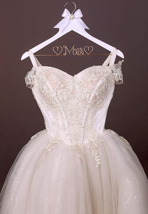 White Solid Wood Bridal Dress Hanger with Lady Wire Lettering for Bridal Wedding Party Gift (Rose Gold line White Hanger)