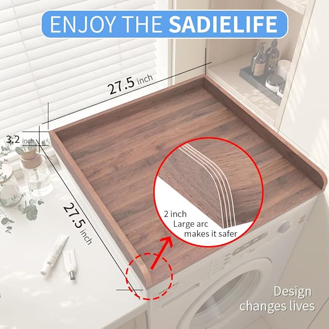Washer Dryer Countertop Only, 27.5" x 27.5" Laundry Room Countertop for Folding, Washer and Dryer Countertop Single with Non-Slip Pads, Easy Install Washer and Dryer Topper with Edge Rails Walnut