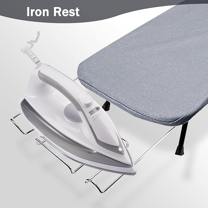 SheeChung Small Tabletop Ironing Board 32" Lx12 W,Folding Ironing Board with Iron Rest,Mesh Metal Base,Cotton Cover,Hook for Hanging,Portable Mini Iron Board for Sewing Craft Room Dorm,Grey Blue
