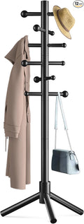 Wooden Coat Rack Freestanding with 12 Hooks 3 Adjustable Heights，Standing Coat Rack Tree for Hat and Coat Rack for Small Spaces Entryway,Office,Bedroom,Black