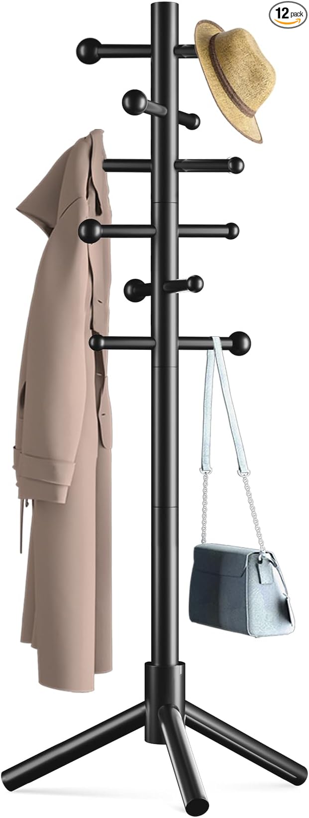 Wooden Coat Rack Freestanding with 12 Hooks 3 Adjustable Heights，Standing Coat Rack Tree for Hat and Coat Rack for Small Spaces Entryway,Office,Bedroom,Black