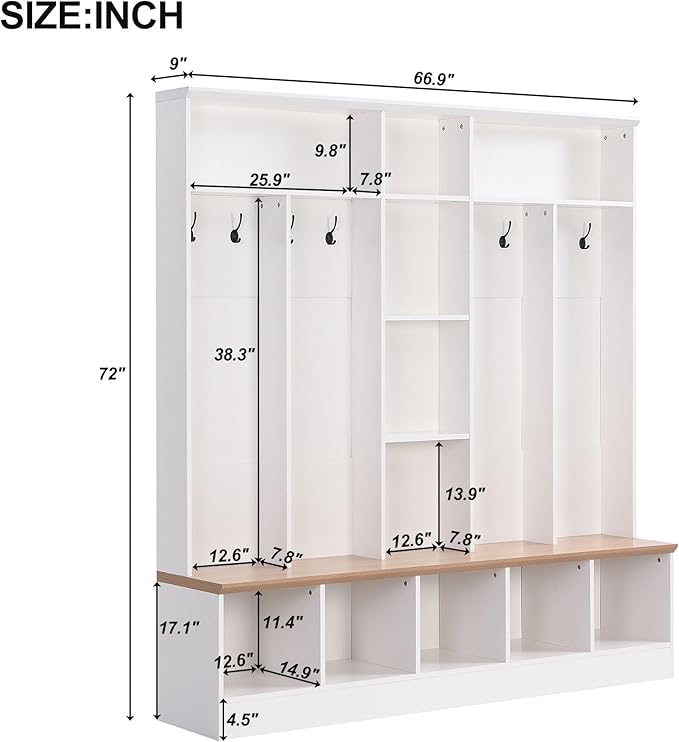 4-in-1 Wide Design Hall Tree with Storage Bench, Minimalist Shoe Cabinet with Cube Storage & Shelves, Multifunctional Coat Rack with 8 Hooks for Entryways Mudroom