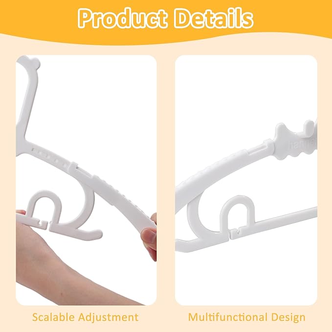 30 Pack Baby Clothes Hangers with 16 Clips, 11-15 inch Adjustable Kid Hanger, Multifunctional Children Hangers for Girl Boy Toddler Kids Child(White)