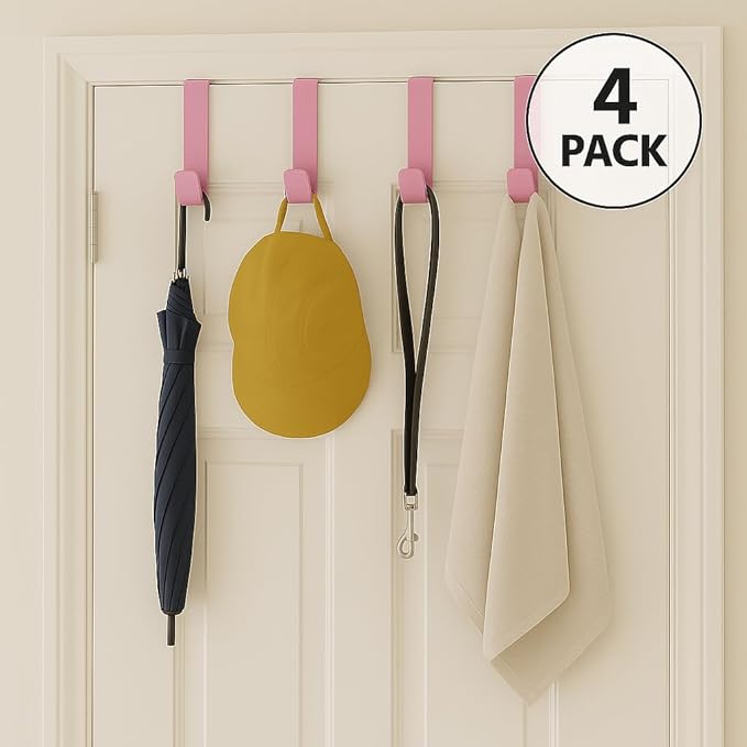 Dependable Industries inc. Essentials Over-The-Door Hanger Hook Set – 4-Pack of 3.5 in., Plastic Over-The-Door Hangers & Over-The-Door Hooks – Over-Door Hooks for Hanging Clothes & Towels (Pink)