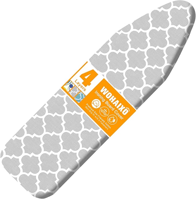 Ironing Board Cover and Pad, Standard Size 12" x 42" Iron Board Replacement Cover, 4 Layers Extra Thick Iron Board Cover Resist Scorching and Staining with Elastic Edge and 2 Fastener Straps
