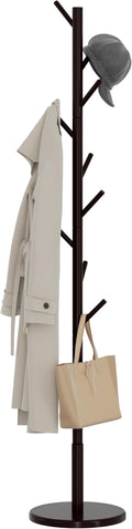 Wooden Freestanding Coat Tree with 4 Height Options and 9 Hooks, Sturdy Coat Rack Stand for Clothes/Bags/Hats, Save Space Coat Rack for Entryway, Bedroom, Office, Narrow Place (Coffee)