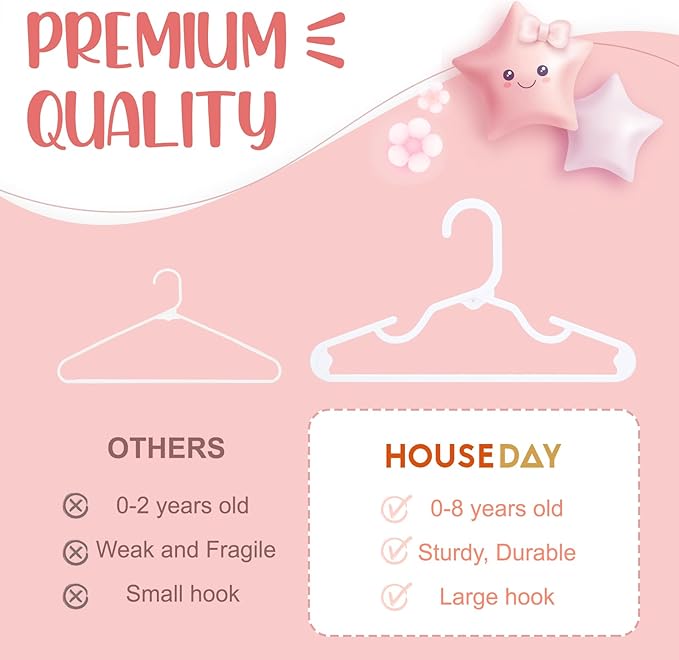 HOUSE DAY Plastic Baby Hangers for Closet 60 Pack, Durable Plastic Kids Hangers for Baby Clothes, Thin & Compact Childrens Hangers, Space Saving White Baby Hanger, Small Hanger for Kids Clothes
