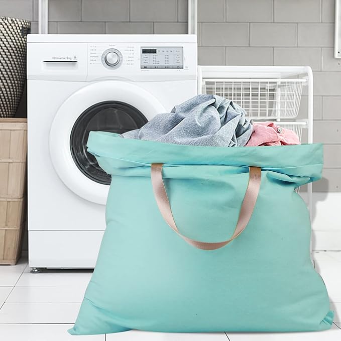 Sanlykate Large Canvas Cotton Laundry Bag with Drawstring & Handles, Heavy Duty Durable Dirty Clothes Organizer, Tear Resistant Hamper Liner Storage Bag, Travel Sack, 25.5 x 34inch - Haze Blue