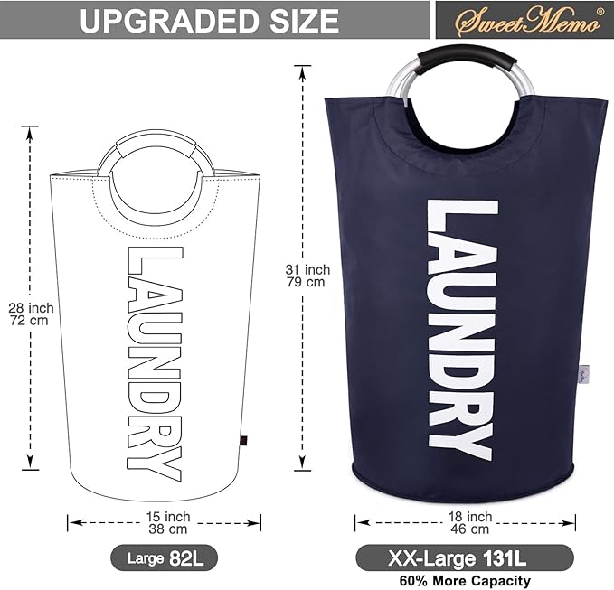 Large Laundry Basket Collapsible，Freestanding Clothes Hamper Bag with Handles – Tall Folding Dirty Laundry Bin，Sturdy Laundry Sorter for College Dorm，Laundry Room – 130L (Navy Blue)