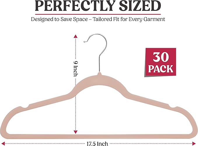 LDC Pink Velvet Hangers 30 Pack - Premium Non-Slip Clothes Coat Pants Felt Hanger for Closet - Heavy Duty Space Saving 360° Swivel Hook Hangars - Pink
