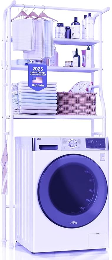 Over The Washer and Dryer Storage Shelf, 3 Tier Laundry Room Metal Drying Rack with Towels Hangers, Space Saver Organizer for Hanging Clothes and Towels (Metal White RA1)