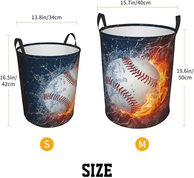 Dujiea Baseball in Fire and Water Laundry Basket Round with Handle, Collapsible Foldable Canvas Storage Bin Dirty Clothes Bag for Laundry/Toys Organizer/College Dorm/Nursery/Decor(2 Sizes)