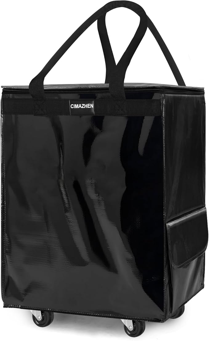 (Medium,Black) Reusable Grocery Bag on Wheels, Foldable Rolling Tote Bag with 3 Handles and Zipper, Storage Organizer for Clothes & Groceries, Rolling Shopping Cart for Trips, 76lb