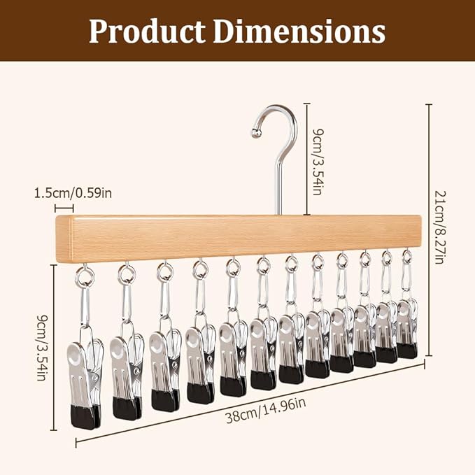 Closet Organizer with 10 Clips, Space Saving Hanging Closet Organizer, Space-Saving Hat Scarf Clothespins for Jeans Skirts Socks Pant Hangers with Clips (Black-12 Clips, 1PC)