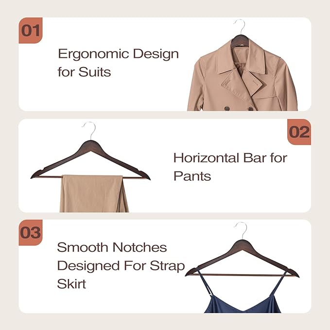 FairyHaus Wood Hangers 30 Pack, Smooth Finish Wooden Coat Suit Hangers with 360° Swivel Hook and Notches, Lightweight Walnut Wood Clothes Hangers for Camisole, Pants, Dress