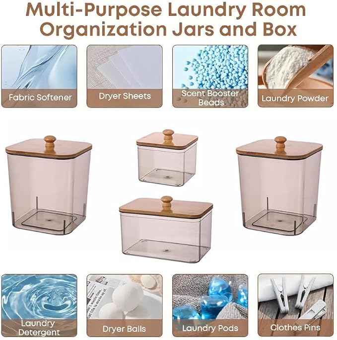 4 Pack Large Laundry Pods Container Laundry Room Organization Containers Storage Dryer Sheet Holder with Lids and Labels for Laundry Pods Laund (Brown)