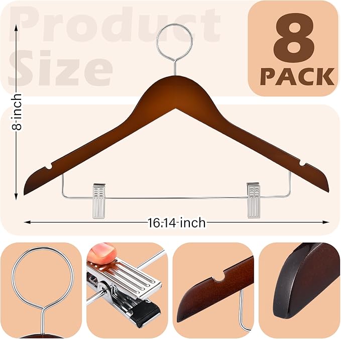 8 Pack Wooden Security Hangers with Clips 16.3" Hotel Suit Hangers with Anti Theft Ring Hook for Hotels RVS Closets Heavy Duty Wood Metal Pants with Non Slip Notches