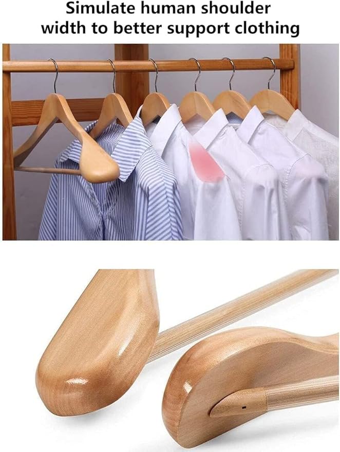 12 Pack Wide Shoulder Wooden Hangers, Suit Hangers with Non Slip Pants Bar, Smooth Finish 360° Swivel Hook Solid Wood Coat Hangers for Dress, Jacket, Pants, Heavy Clothes Hangers(Natural 12PCS)