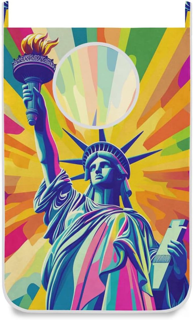 Hanging Laundry Hamper with Stainless Steel Hooks,Oxford Fabric Printing Door Laundry Clothes Bag, 29.5X20inch 2PCS Bright Statue Of Liberty and Torch