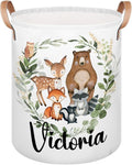 Personalized Laundry Basket, Custom Gift Laundry Hamper, Collapsible Nursery Waterproof Laundry Baskets, Dirty Clothes Toy Hamper with Handles Woodland Greenery Animals