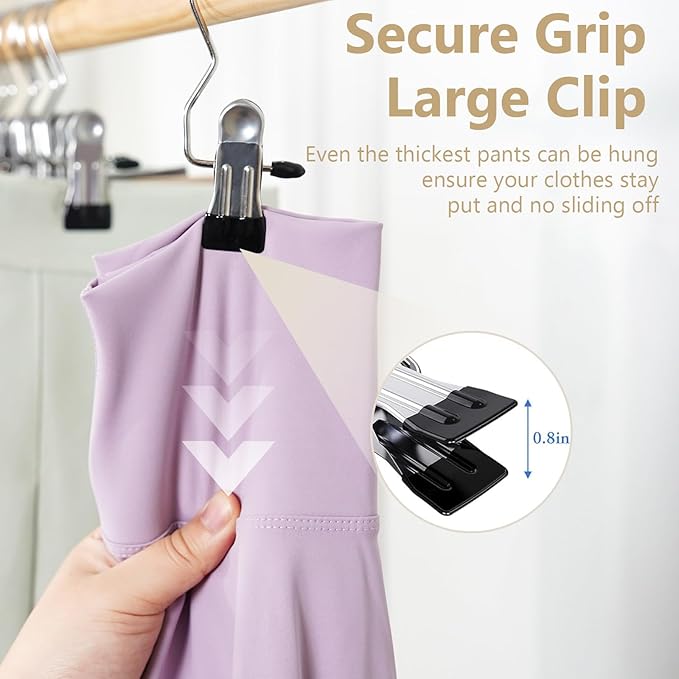 Pant Hangers with Clips, Hanger Clips, Clothes Pins, Space Saving Hanging Closet Organizer Storage, Jean Hangers, Clothespins for Leggings, Pants, Skirt, Hat, Boots, 24 Clips+6 Self Adhesive Hooks