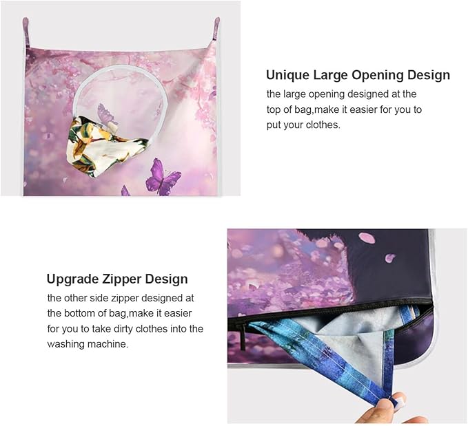Hanging Laundry Hamper with Stainless Steel Hooks,Oxford Fabric Printing Door Laundry Clothes Bag, 29.5X20inch 1PCS Cherry Blossom Black Cats and Butterfly