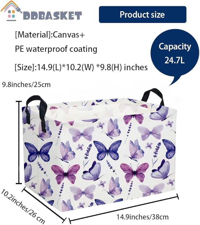 Rectangular Butterfly Baskets Girls Basket Kids Storage Bins Girls Storage Bin Organizer Box Room Decor for Home(Purple Butterfly)