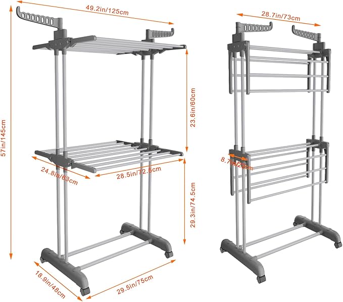 Bigzzia 3 Tier Clothes Drying Rack, 57 Inch Laundry Drying Rack, Foldable Stainless Steel Kids Clothing Rack, Movable Laundry Rack for Indoor Outdoor - Grey