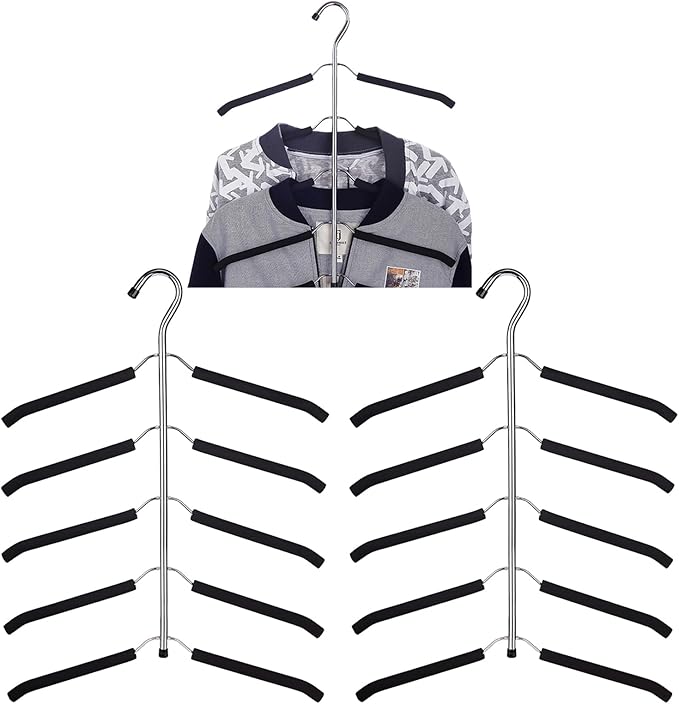 3 Pack 5 in 1 Hangers Blouse Tree Hangers Non Slip Space Saving Clothes Hanger Multi-Layer Clothes Hanger Stainless Steel Sweater Shirt Hanger Closet Storage Organizer(Black)