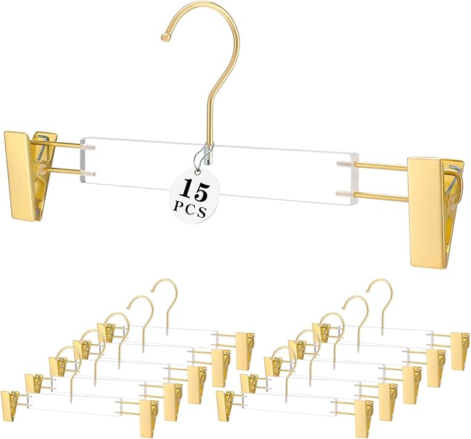 Besser Gold Clear Hangers 15 Pack,Acrylic Clothes Hangers,Skirt Dress Hanger with Gold Clips,Pants Hangers for Closet Storage