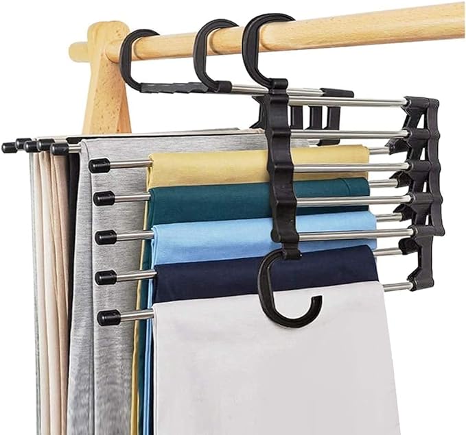 5 in 1 ABS Foldable Hangers (Pack of 1) - Multi-Purpose Clothes Hanger - Stainless Steel & ABS Plastic - Powder Coated - Multicolour - Space Saving, Foldable, Multi-Layer