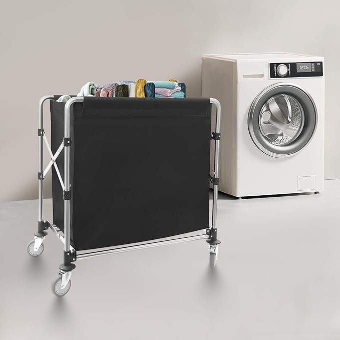 Commercial Laundry Cart with Wheels, 220lbs Capacity Heavy Duty Rolling Hamper, Foldable Laundry Cart with 4 Locking Wheels and Oxford Cloth for Home, Dorm, Hotel, and Commercial Use (Black)