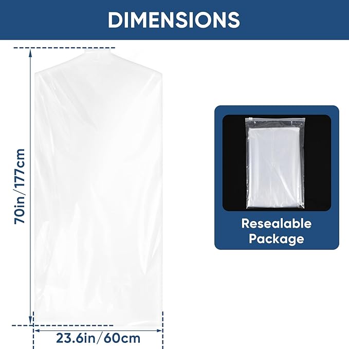 50 Pack 23.6"x70" Garment Bags for Hanging Clothes, Thick Clear Plastic Dry Cleaning Covers for Closet Storage & Travel