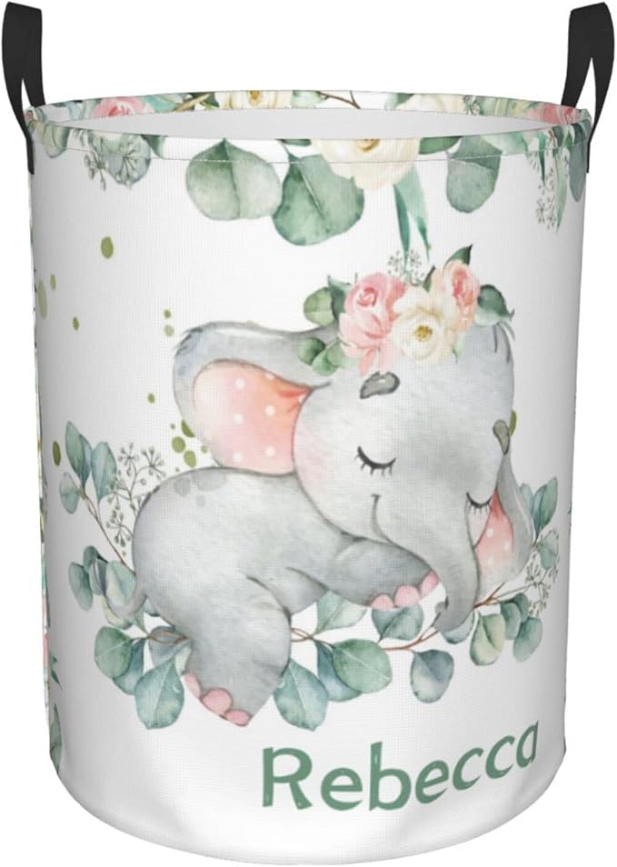 Pink Floral Elephant Personalized Laundry Basket Name Clothes Hamper with Handles Waterproof Laundry Storage Baskets for Bedroom Bathroom Decor.