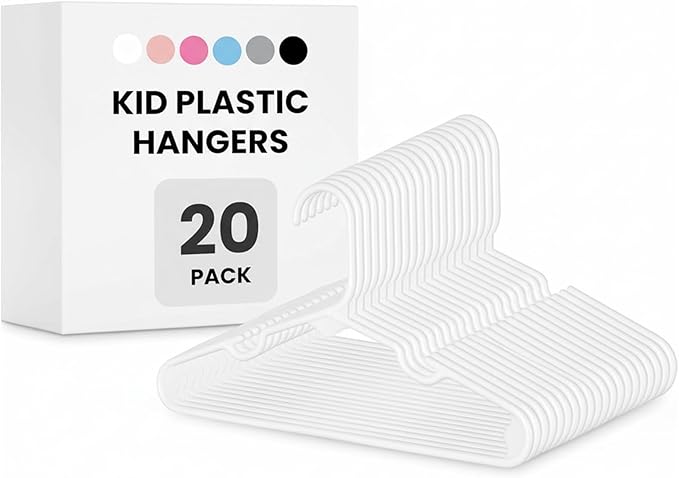 InfiniPower 20-Pack Kids Plastic Hangers, 11.5" Non-Slip & Space-Saving Hangers for Toddler & Infant Clothes, Shirts, Pants, Coats, Skirts, White