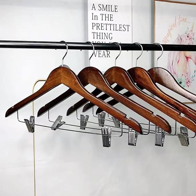 20 Pack Wooden Hangers with Clips High-Grade Wooden Suit Hangers Skirt Hangers with Clips S Wood Hanger with Durable Metal Clips for Blouse, Dress, Coat, Jacket (Vintage, 20)