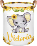 Personalized Laundry Basket, Custom Gift Laundry Hamper, Collapsible Nursery Waterproof Laundry Baskets, Dirty Clothes Toy Hamper with Handles Girl Elephant Sunflower