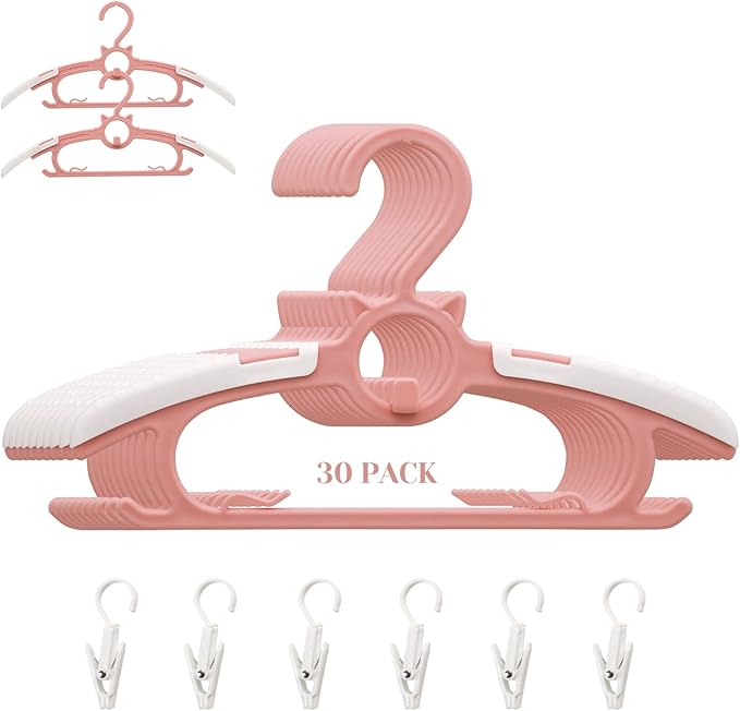 30Pack Baby Nursery Closet Hangers, Ultra Thin Non-Slip and Extendable Laundry Infant Pant Hanger for Newborn Clothes 11-14" Pink Adjustable Children Coat Hanger for Girl Boy Toddler Kids Child…