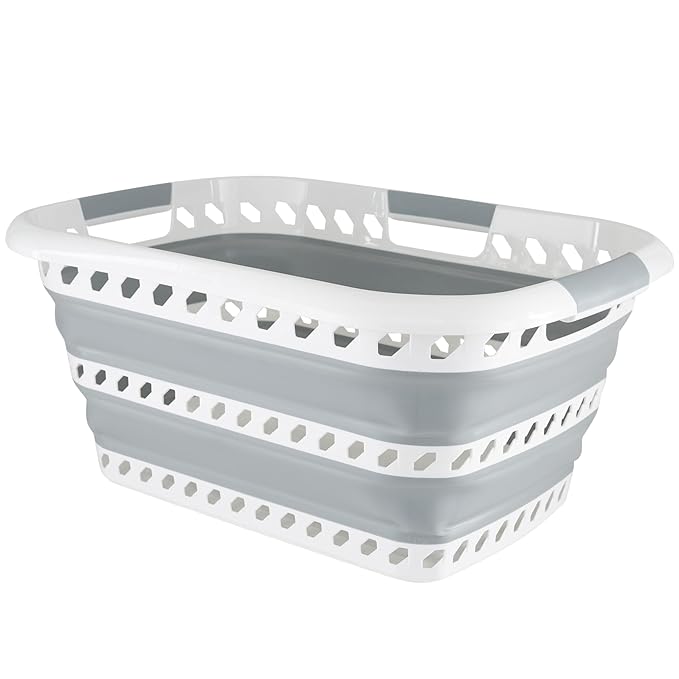 Collapsible Laundry Basket | Portable | Space Saver Storage | Hold 2 Loads | Store Under the Bed or Closet | Good for Kids | Dorm | Bedroom | Large | White/Grey