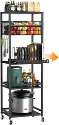 Housolution 5 Tier Kitchen Rolling Cart, Storage Cart with Metal Fruit Vegetable Basket and Pull-Out Pot Lid Cutting Board Organizer, Storage Rack with Wooden Top for Kitchen, Pantry, Bathroom
