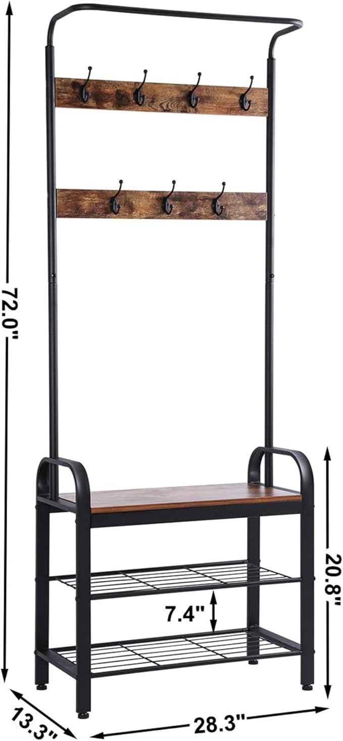 Sunnyglade Vintage Coat Rack Shoe Bench, Hall Tree Entryway Storage Shelf, Wood Look Accent Furniture Metal Frame, 3 in 1 Design, Easy Assembly