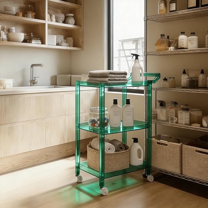 Acrylic-Style Utility Rolling Cart, 3-Tier Clear Storage Cart with Pulling Handle & 4 Wheels for Kitchen Living Room Dining Bathroom Laundry, Multifunction Serving Trolley for Small Spaces(Green)